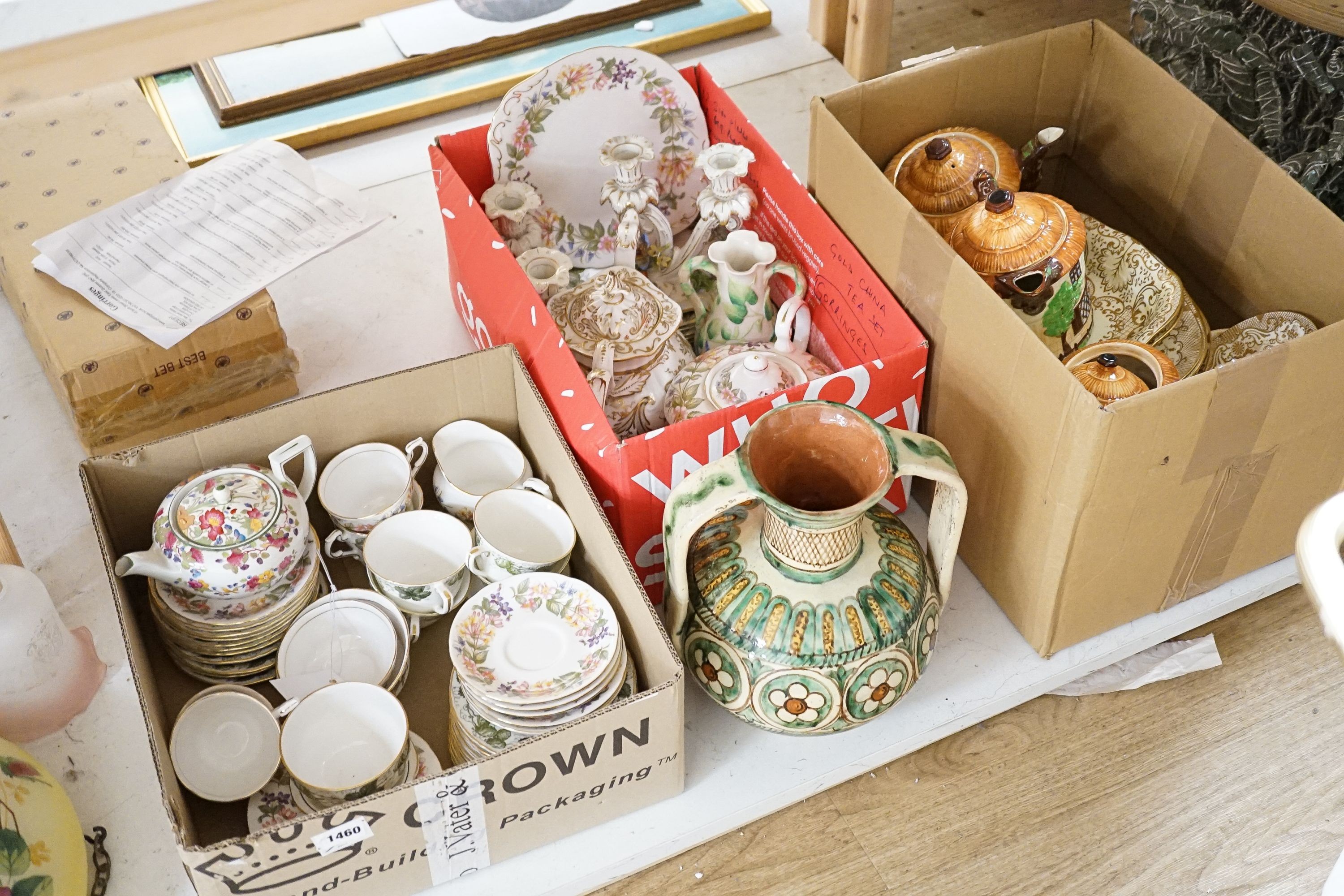 A Crown Staffordshire fifty nine piece part tea set and dessert service, central flowers and gilt borders, a Paragon part tea set and other ceramics